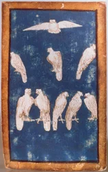 Raubvögel im Flug und auf Sitzstangen, eines von einem Satz Spielkarten, die Szenen des höfischen Falknens darstellen, Oberrhein-Gebiet, ca. 1440-45